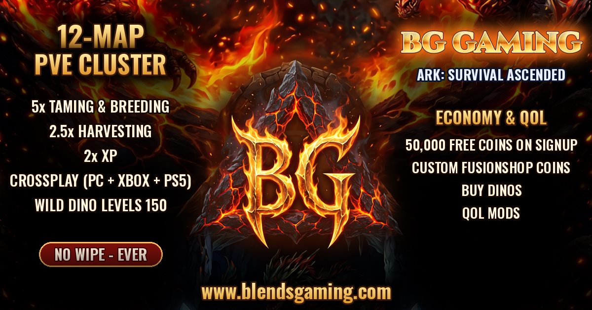 BG Gaming — 12-map ARK: Survival Ascended PvE cluster, 5x taming and breeding, no wipe ever