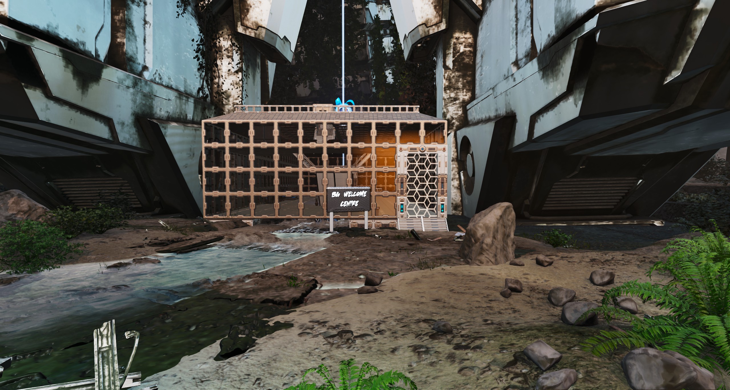 BG Gaming Welcome Centre on Extinction — exterior view of the public crafting hub built by Minxee