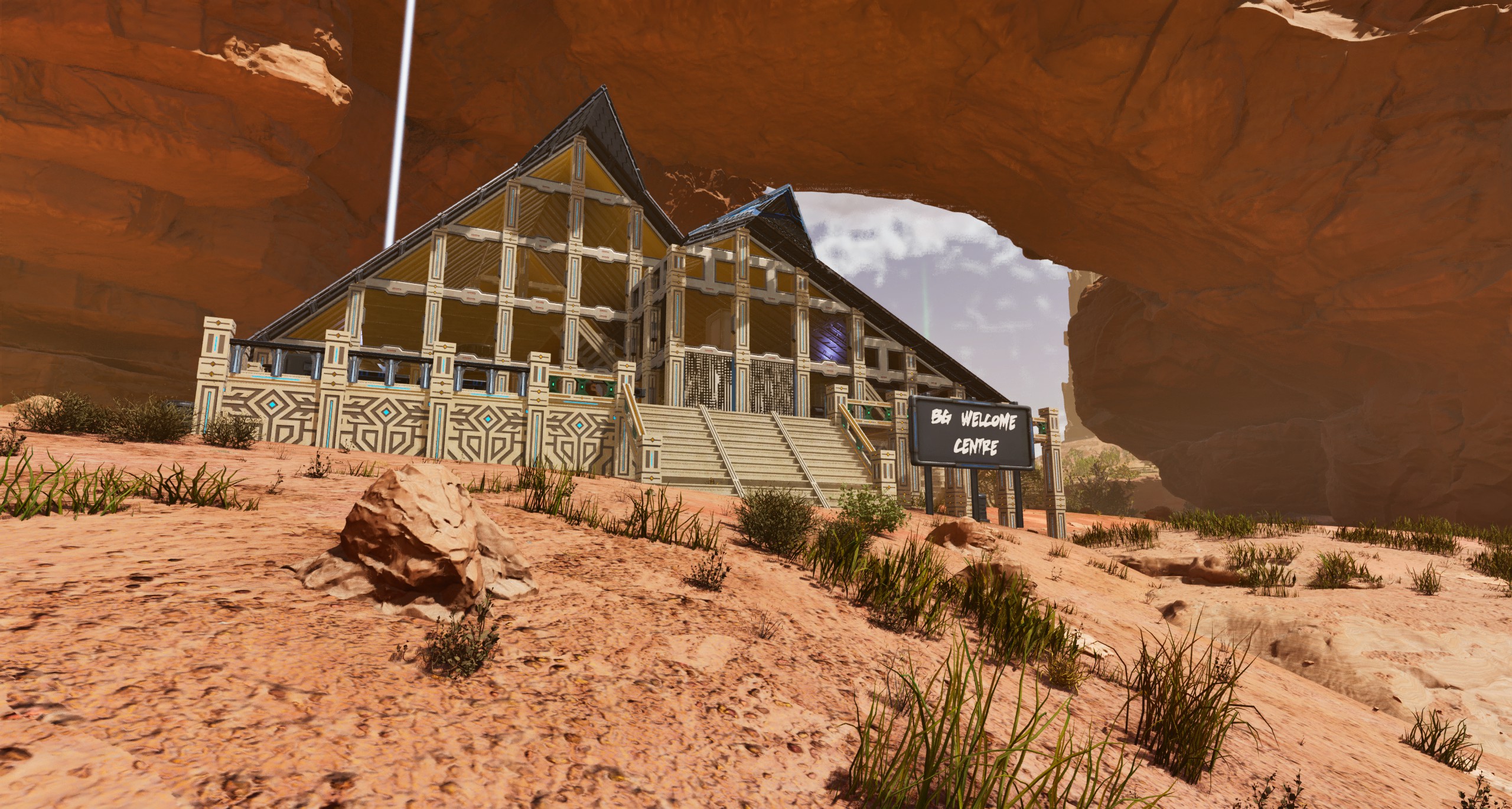 BG Gaming Welcome Centre on Scorched Earth — exterior view of the public crafting hub