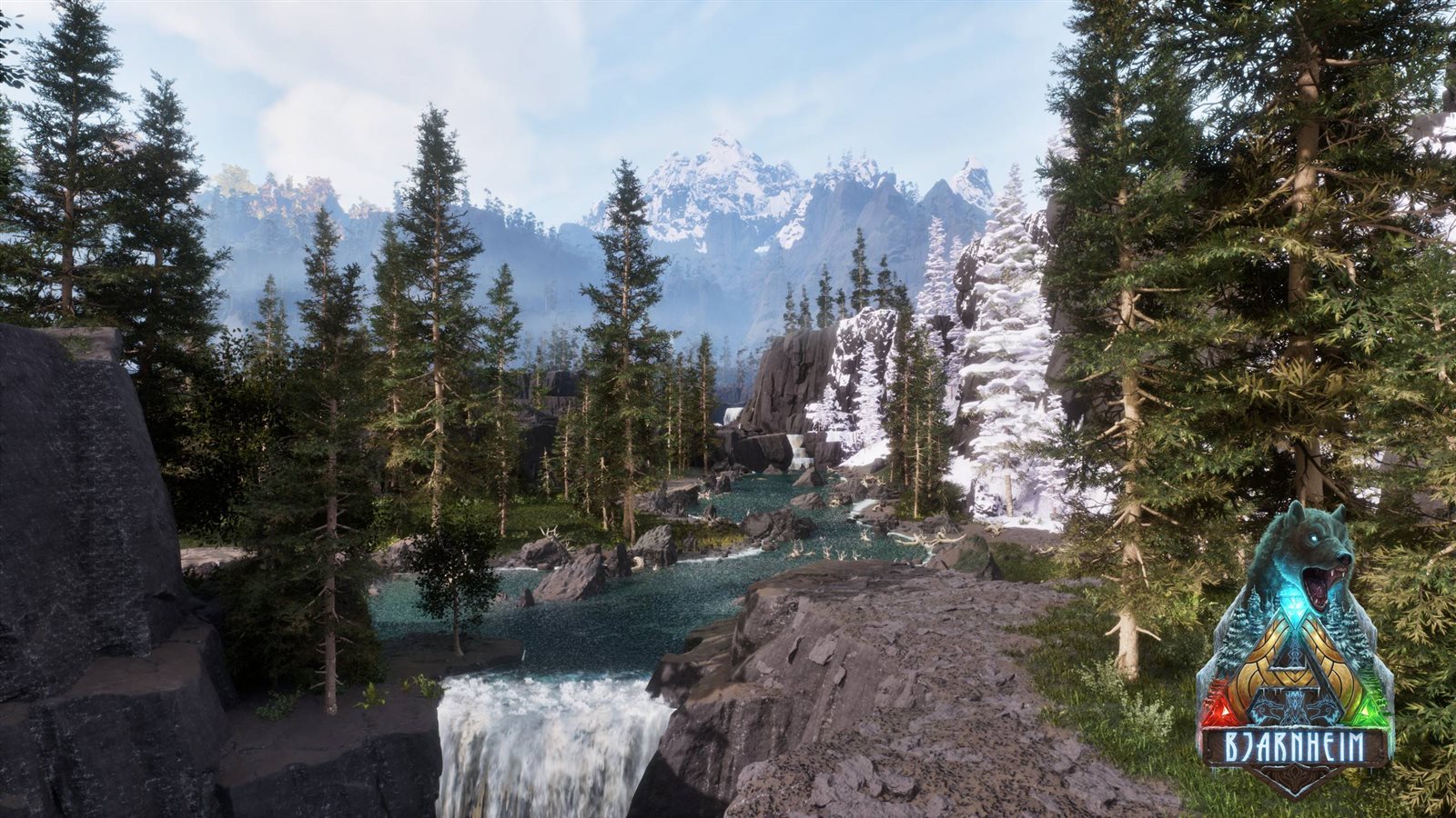 Bjarnheim — pine forest, waterfall and snow-capped fjord mountains, with the Bjarnheim map logo (screenshot by map author Nekatus)