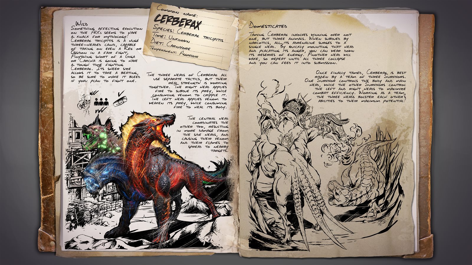 Cerberax dossier — the three-headed fire, venom and lightning hound from ARK: Survival Ascended's Fantastic Tames Season 1 (art: Studio Wildcard)
